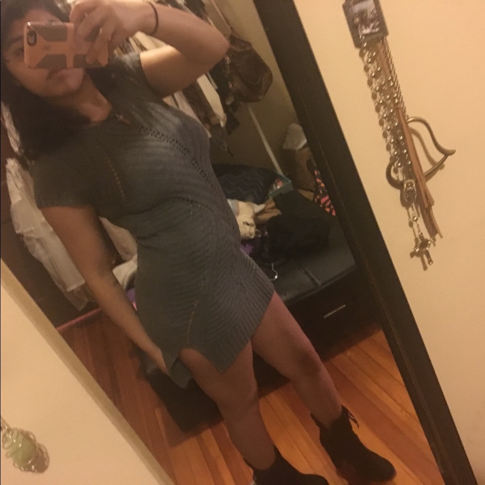 Gray Crochet Knit Sweater Dress